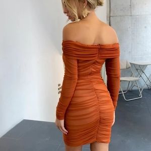 Off Shoulder Ruched Mesh Bodycon Dress.